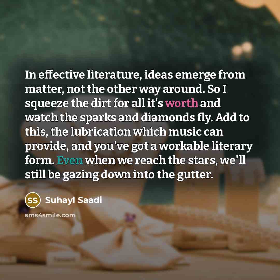 “In effective literature, ideas emerge from matter, not the other…” quote by Suhayl Saadi