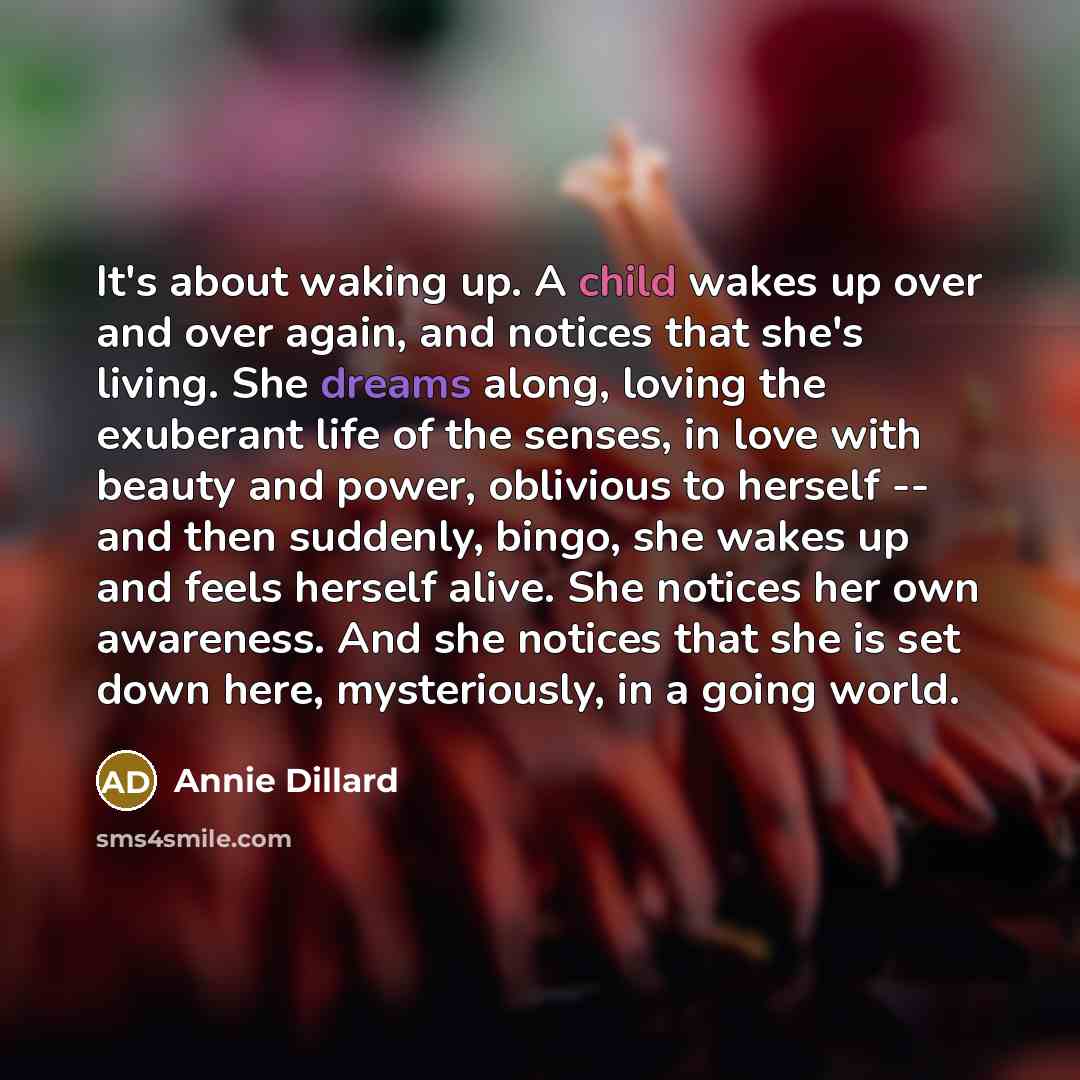 “It's about waking up. A child wakes up over and…” quote by Annie Dillard