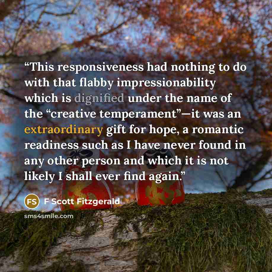 “This responsiveness had nothing to do with that flabby impressionability which is dignified under the name of the “creative temperament”—it was an extraordinary gift for hope, a romantic readiness such as I have never found in any other person and which it is not likely I shall ever find again.” quote by F Scott Fitzgerald