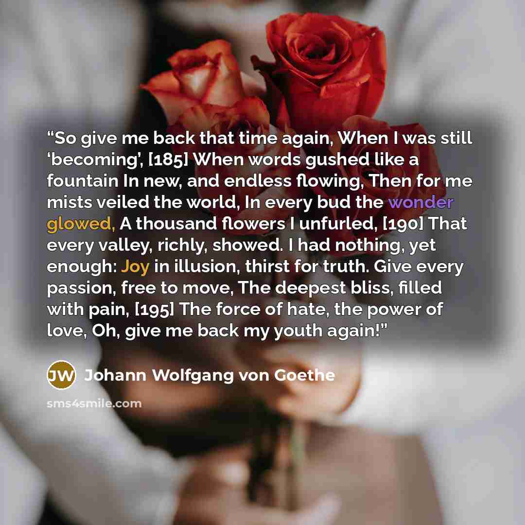 “So give me back that time again, When I was still ‘becoming’, [185] When words gushed like a fountain In new, and endless flowing, Then for me mists veiled the world, In every bud the wonder glowed, A thousand flowers I unfurled, [190] That every valley, richly, showed. I had nothing, yet enough…” quote by Johann Wolfgang von Goethe