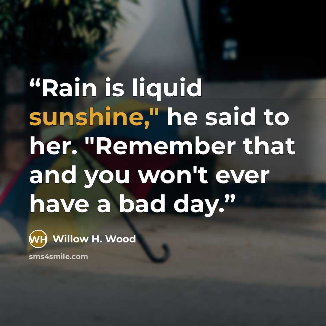 “Rain is liquid sunshine," he said to her. "Remember that and you won't ever have a bad day.” quote by Willow H. Wood