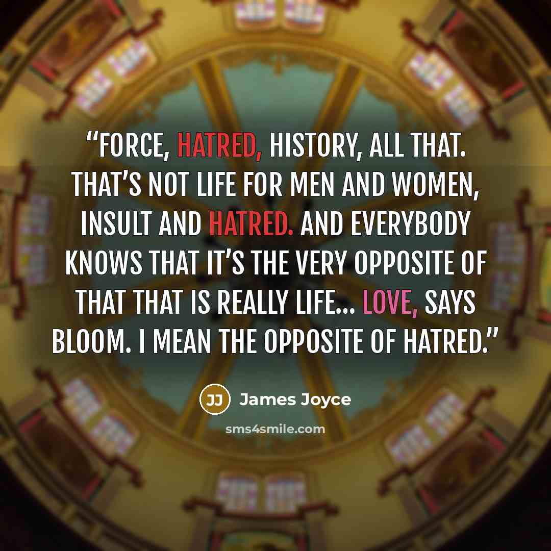 “Force, hatred, history, all that. That’s not life for men and women, insult and hatred. And everybody knows that it’s the very opposite of that that is really life… Love, says Bloom. I mean the opposite of hatred.” quote by James Joyce