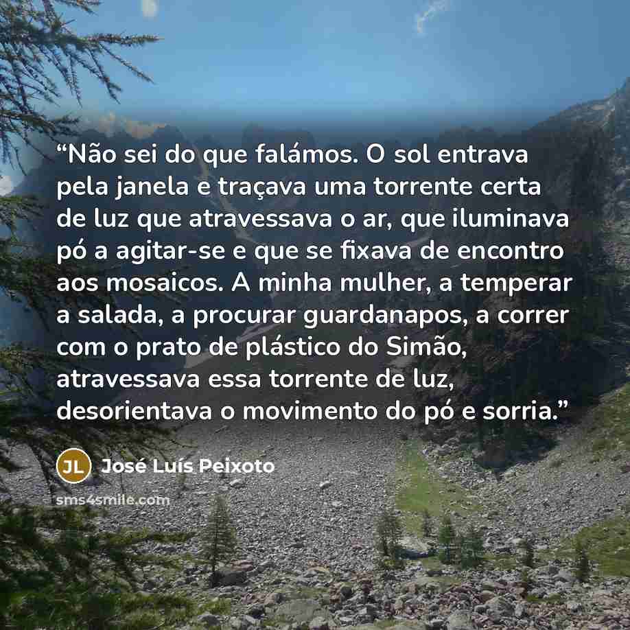 “Não sei do que falámos. O sol entrava pela janela e traçava uma torrente certa de luz que atravessava o ar, que iluminava pó a agitar-se e que se fixava de encontro aos mosaicos. A minha mulher, a temperar a salada, a procurar guardanapos, a correr com o prato de plástico do Simão, atravessava…” quote by José Luís Peixoto