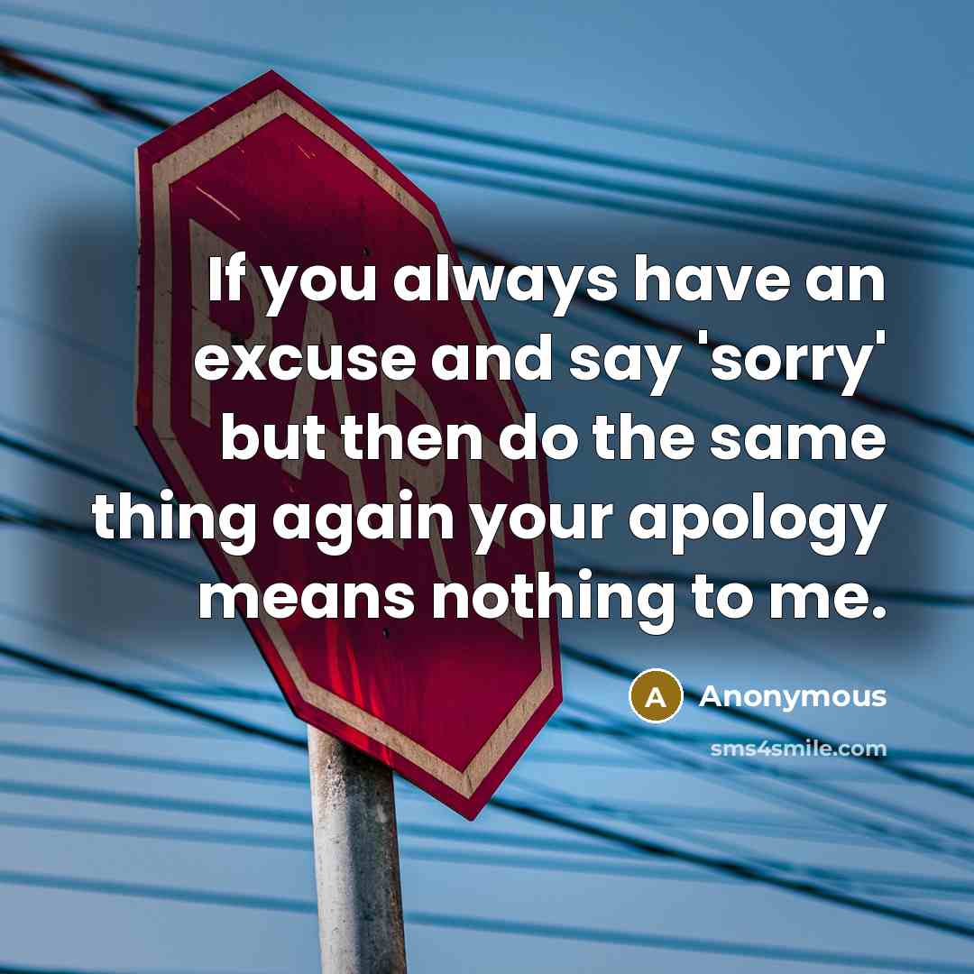 “If you always have an excuse and say 'sorry' but then do the same thing again your apology means nothing to me.” quote by Anonymous