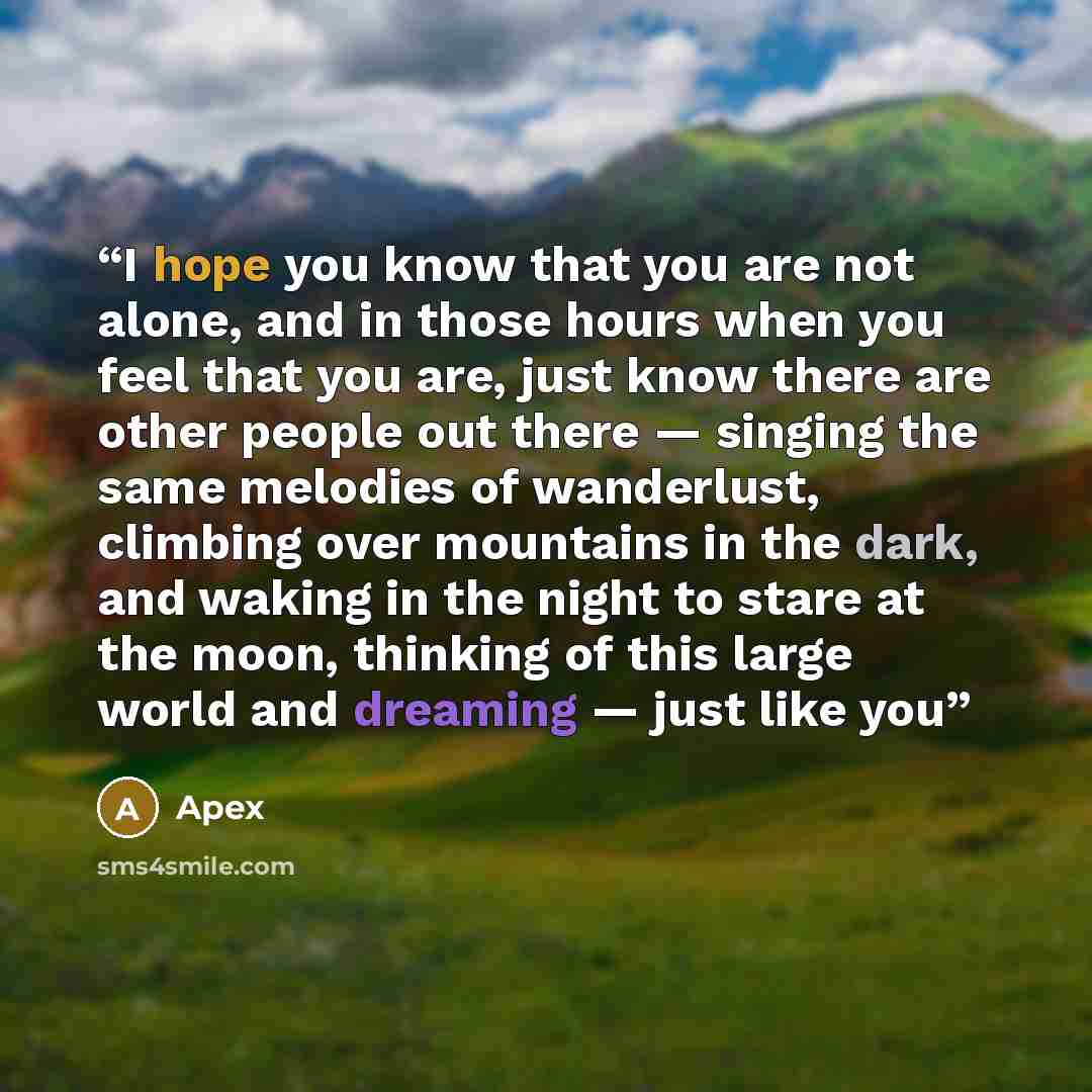 “I hope you know that you are not alone, and in those hours when you feel that you are, just know there are other people out there — singing the same melodies of wanderlust, climbing over mountains in the dark, and waking in the night to stare at the moon, thinking of this large world and dreaming…” quote by Apex