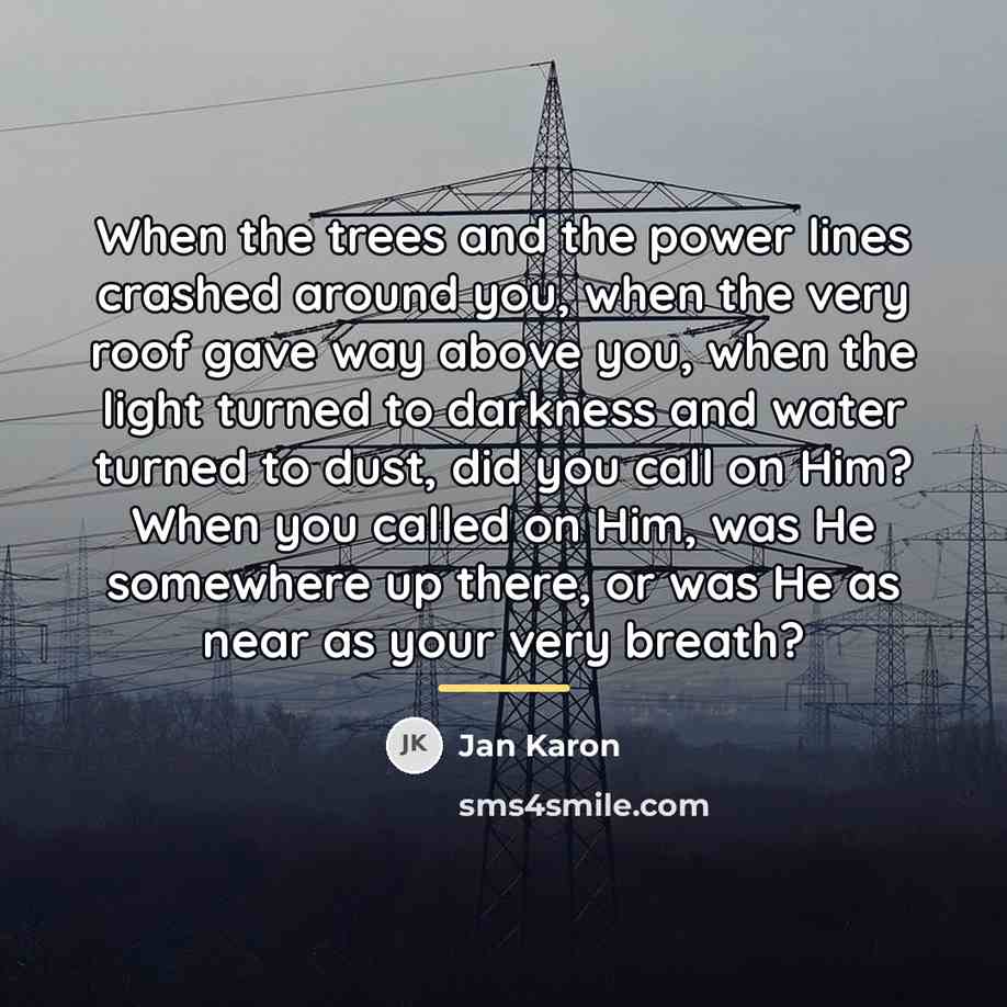 “When the trees and the power lines crashed around you,…” quote by Jan Karon