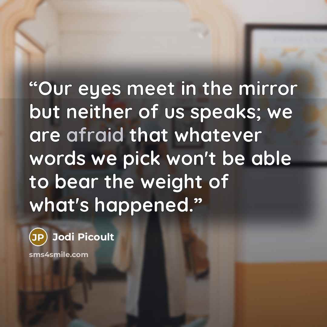 “Our eyes meet in the mirror but neither of us speaks; we are afraid that whatever words we pick won't be able to bear the weight of what's happened.” quote by Jodi Picoult