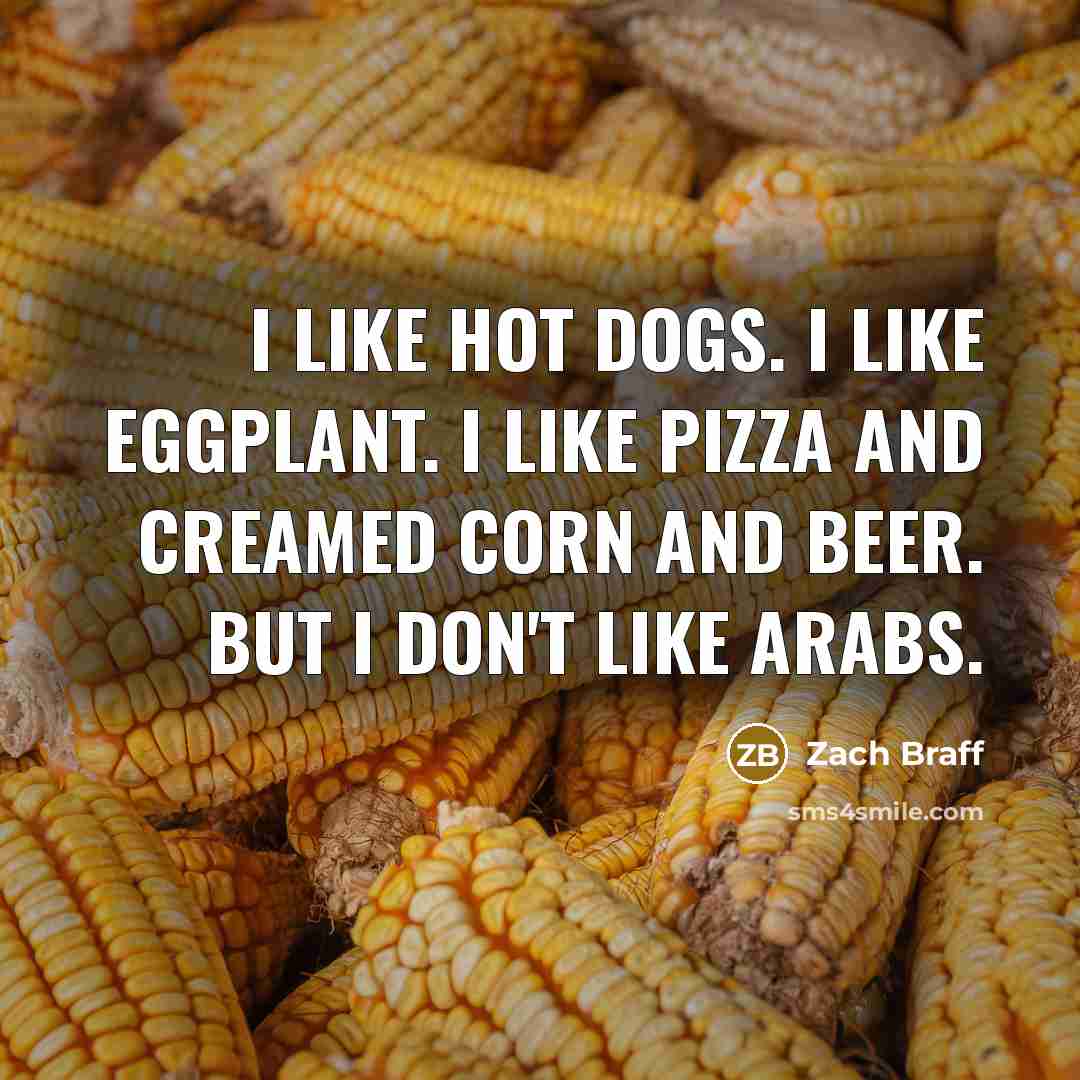 “I like hot dogs. I like eggplant. I like pizza and creamed corn and beer. But I don't like Arabs.” quote by Zach Braff