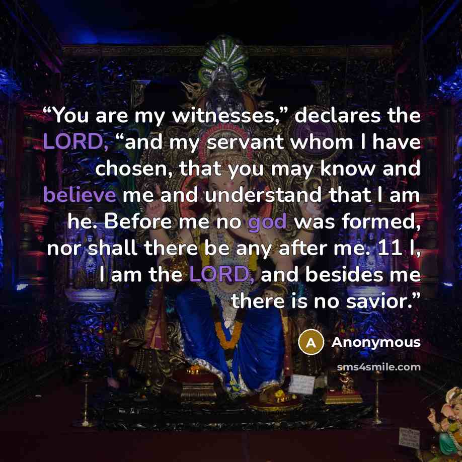 “You are my witnesses,” declares the LORD, “and my servant whom I have chosen, that you may know and believe me and understand that I am he. Before me no god was formed, nor shall there be any after me. 11 I, I am the LORD, and besides me there is no savior.” quote by Anonymous