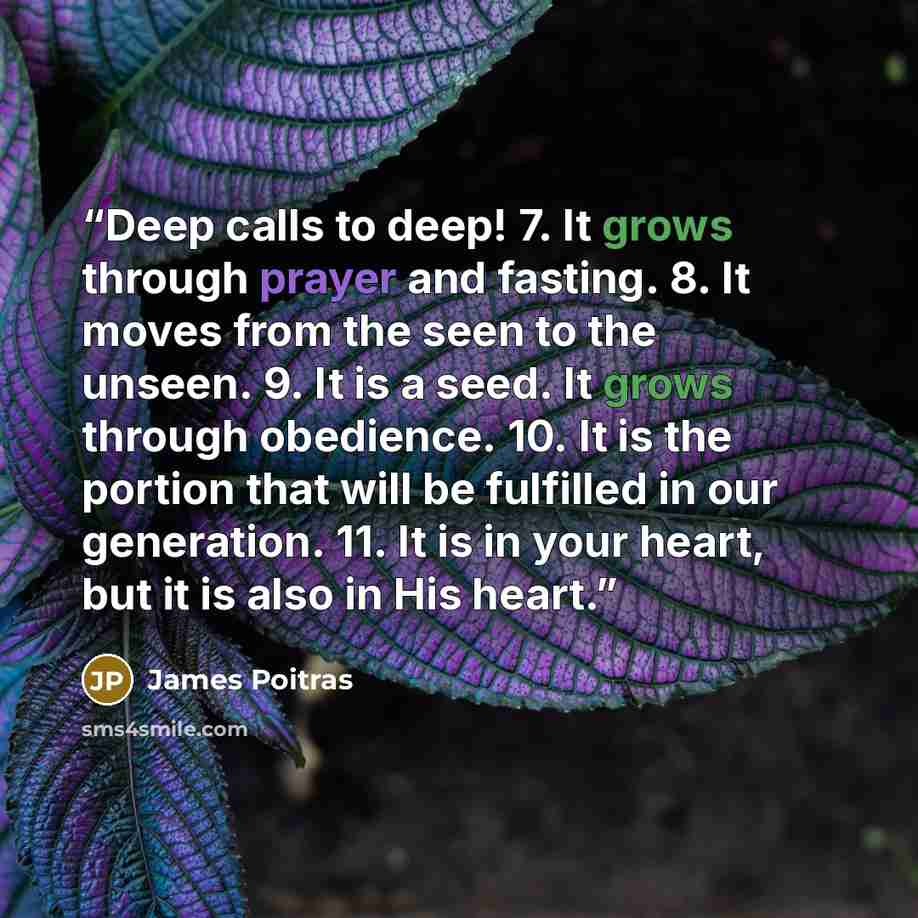 “Deep calls to deep! 7. It grows through prayer and fasting. 8. It moves from the seen to the unseen. 9. It is a seed. It grows through obedience. 10. It is the portion that will be fulfilled in our generation. 11. It is in your heart, but it is also in His heart.” quote by James Poitras