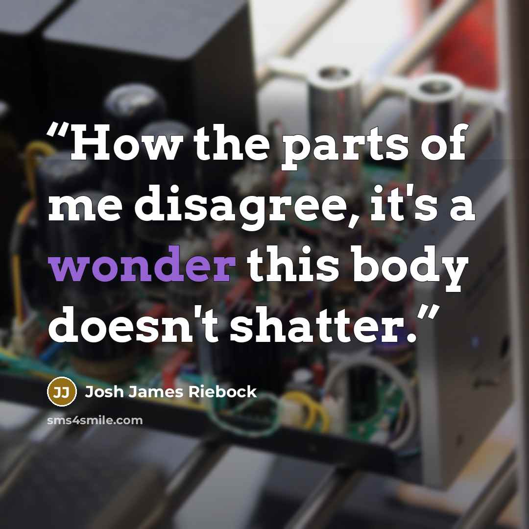 “How the parts of me disagree, it's a wonder this body doesn't shatter.” quote by Josh James Riebock