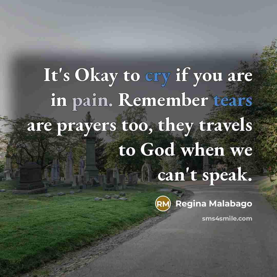 “It's Okay to cry if you are in pain. Remember tears are prayers too, they travels to God when we can't speak.” quote by Regina Malabago