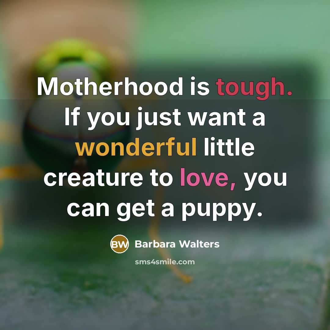 “Motherhood is tough. If you just want a wonderful little creature to love, you can get a puppy.” quote by Barbara Walters