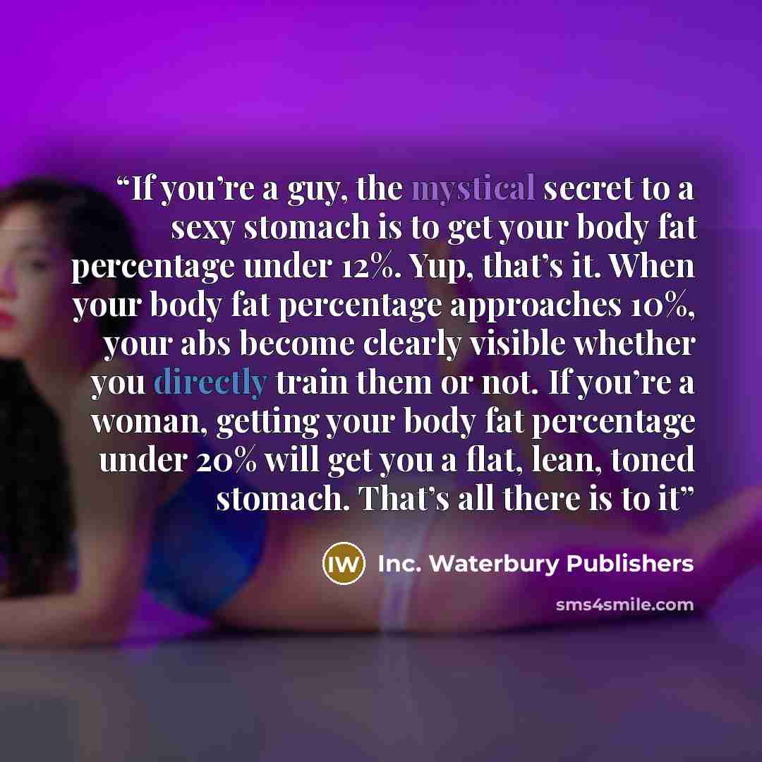 “If you’re a guy, the mystical secret to a sexy stomach is to get your body fat percentage under 12%. Yup, that’s it. When your body fat percentage approaches 10%, your abs become clearly visible whether you directly train them or not. If you’re a woman, getting your body fat percentage under 20%…” quote by Inc. Waterbury Publishers
