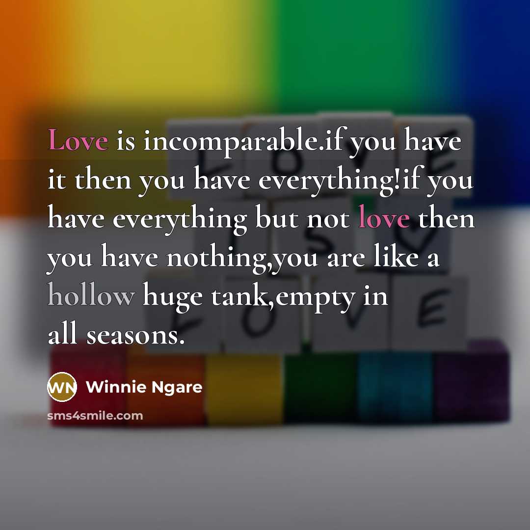 “Love is incomparable.if you have it then you have everything!if you have everything but not love then you have nothing,you are like a hollow huge tank,empty in all seasons.” quote by Winnie Ngare