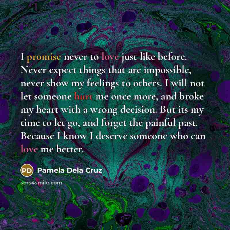 “I promise never to love just like before. Never expect…” quote by Pamela Dela Cruz