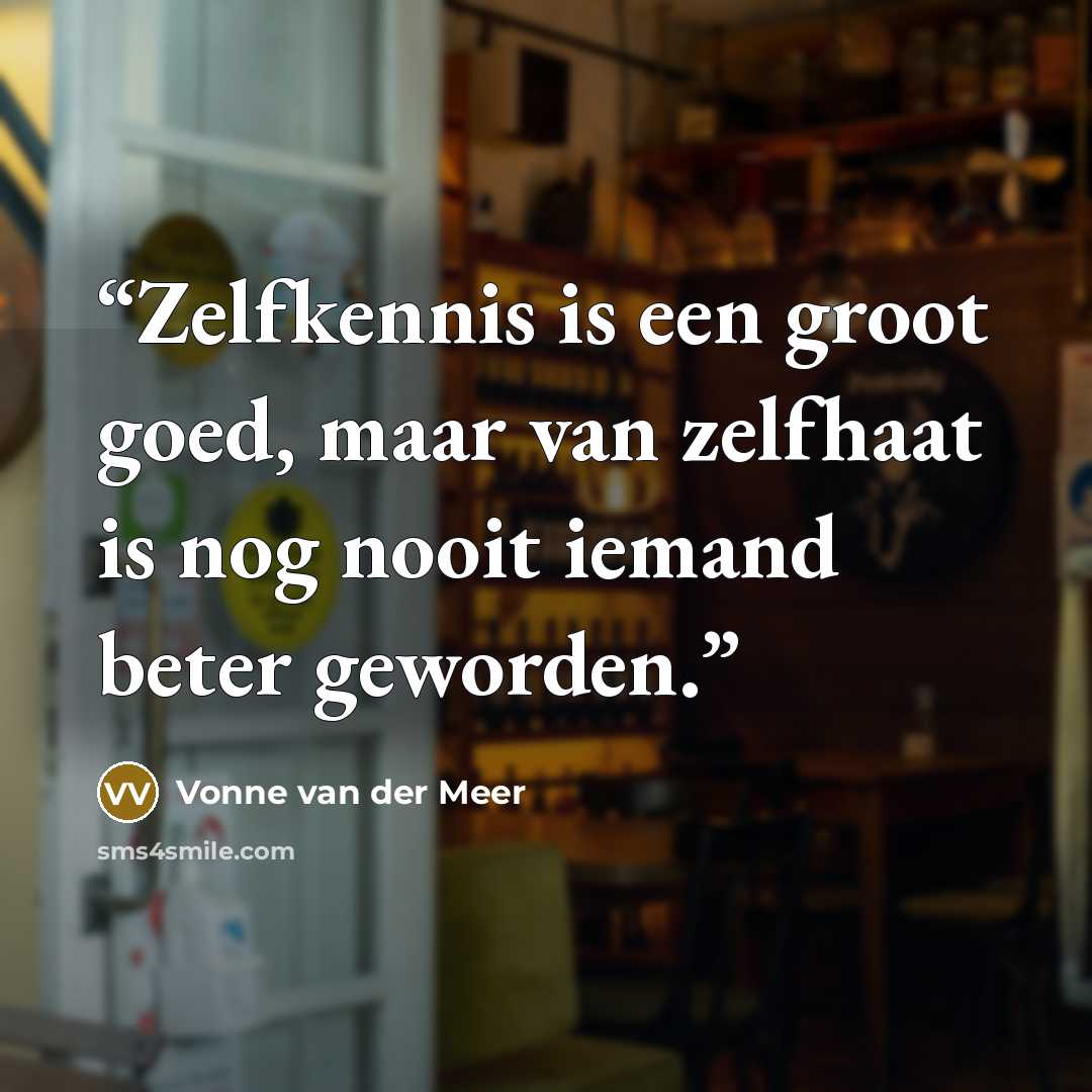 “Zelfkennis is een groot goed, maar van zelfhaat is nog nooit iemand beter geworden.” quote by Vonne van der Meer