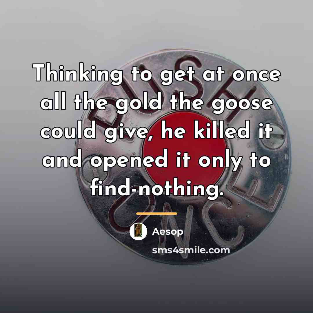 “Thinking to get at once all the gold the goose…” quote by Aesop