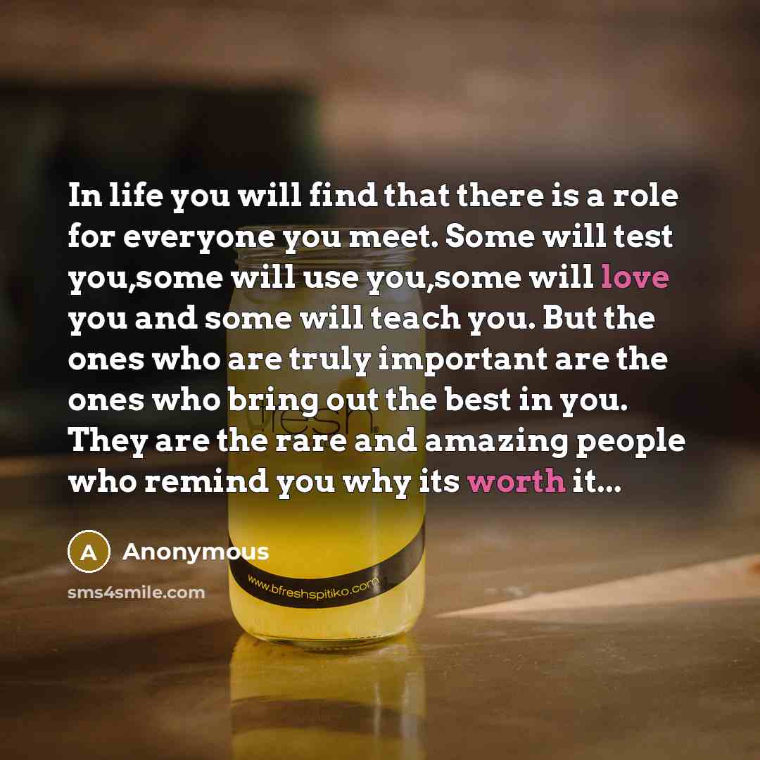 “In life you will find that there is a role for everyone you meet. Some will test you,some will use you,some will love you and some will teach you. But the ones who are truly important are the ones who bring out the best in you. They are the rare and amazing people who remind you why its worth it...” quote by Anonymous