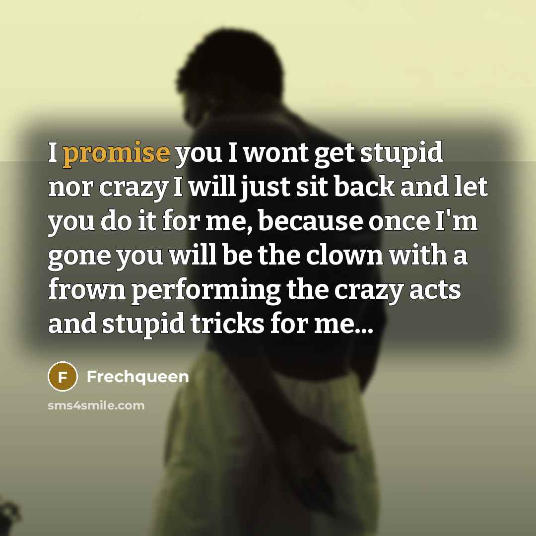 “I promise you I wont get stupid nor crazy I will just sit back and let you do it for me, because once I'm gone you will be the clown with a frown performing the crazy acts and stupid tricks for me...” quote by Frechqueen