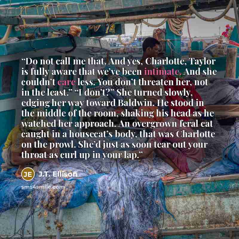 “Do not call me that. And yes, Charlotte, Taylor is fully aware that we’ve been intimate. And she couldn’t care less. You don’t threaten her, not in the least.” “I don’t?” She turned slowly, edging her way toward Baldwin. He stood in the middle of the room, shaking his head as he watched her…” quote by J.T. Ellison