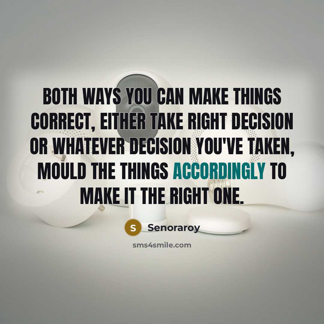 “Both ways you can make things correct, either take right decision or whatever decision you've taken, mould the things accordingly to make it the right one.” quote by Senoraroy