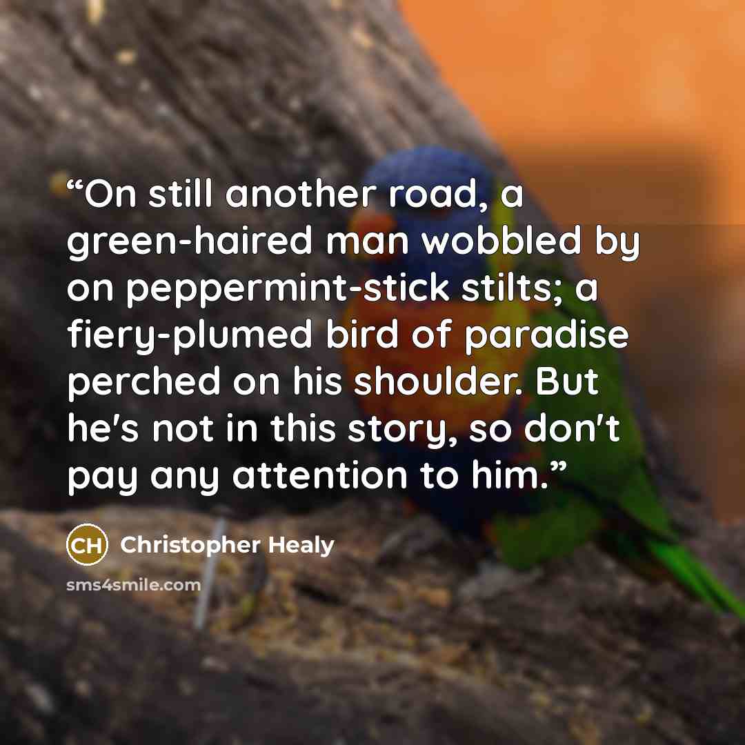 “On still another road, a green-haired man wobbled by on peppermint-stick stilts; a fiery-plumed bird of paradise perched on his shoulder. But he's not in this story, so don't pay any attention to him.” quote by Christopher Healy