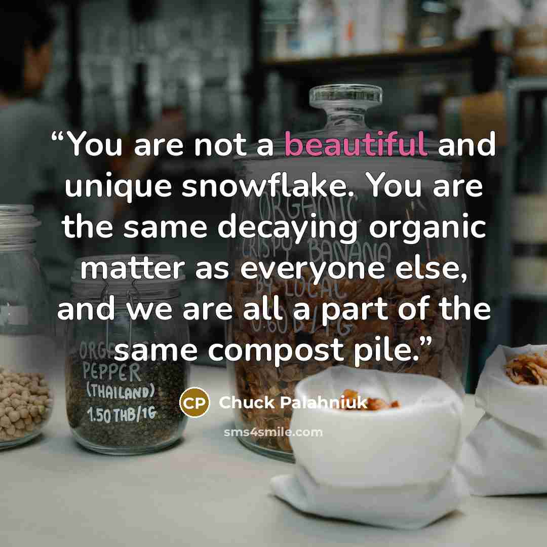 “You are not a beautiful and unique snowflake. You are the same decaying organic matter as everyone else, and we are all a part of the same compost pile.” quote by Chuck Palahniuk
