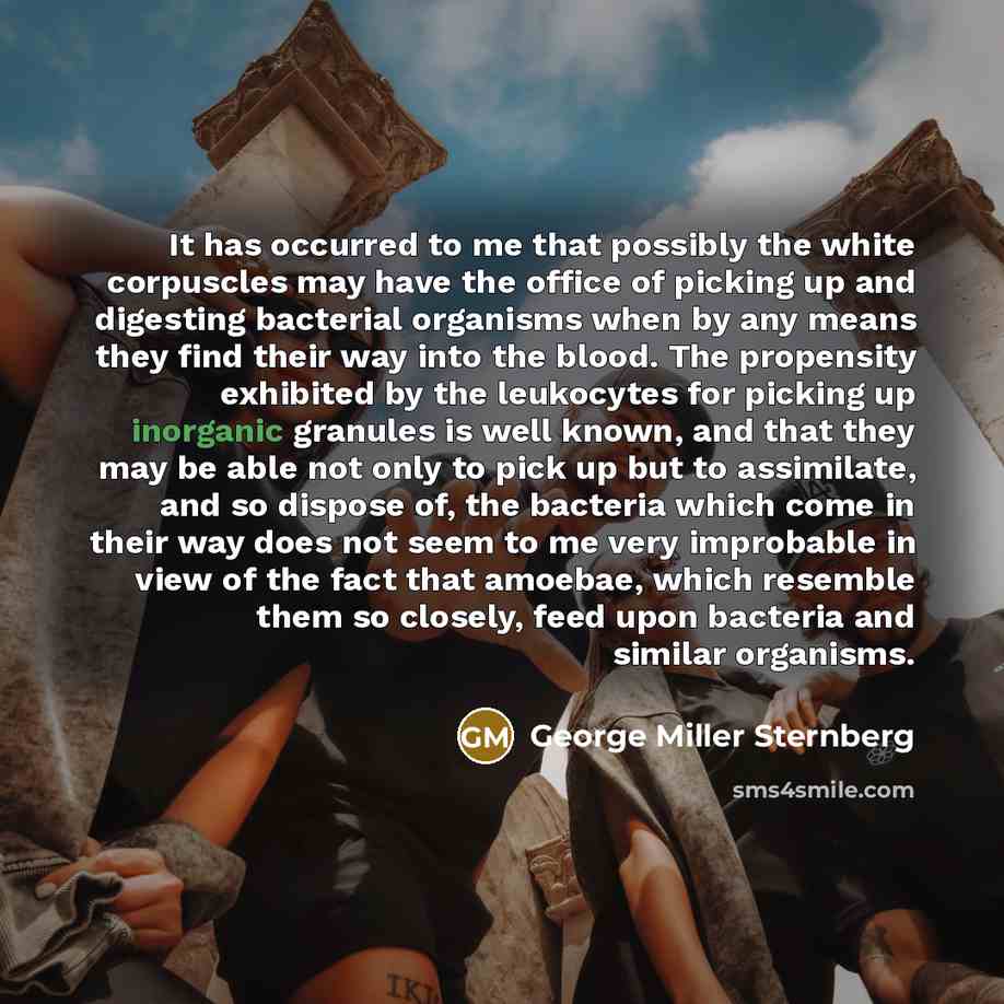 “It has occurred to me that possibly the white corpuscles may have the office of picking up and digesting bacterial organisms when by any means they find their way into the blood. The propensity exhibited by the leukocytes for picking up inorganic granules is well known, and that they may be able…” quote by George Miller Sternberg