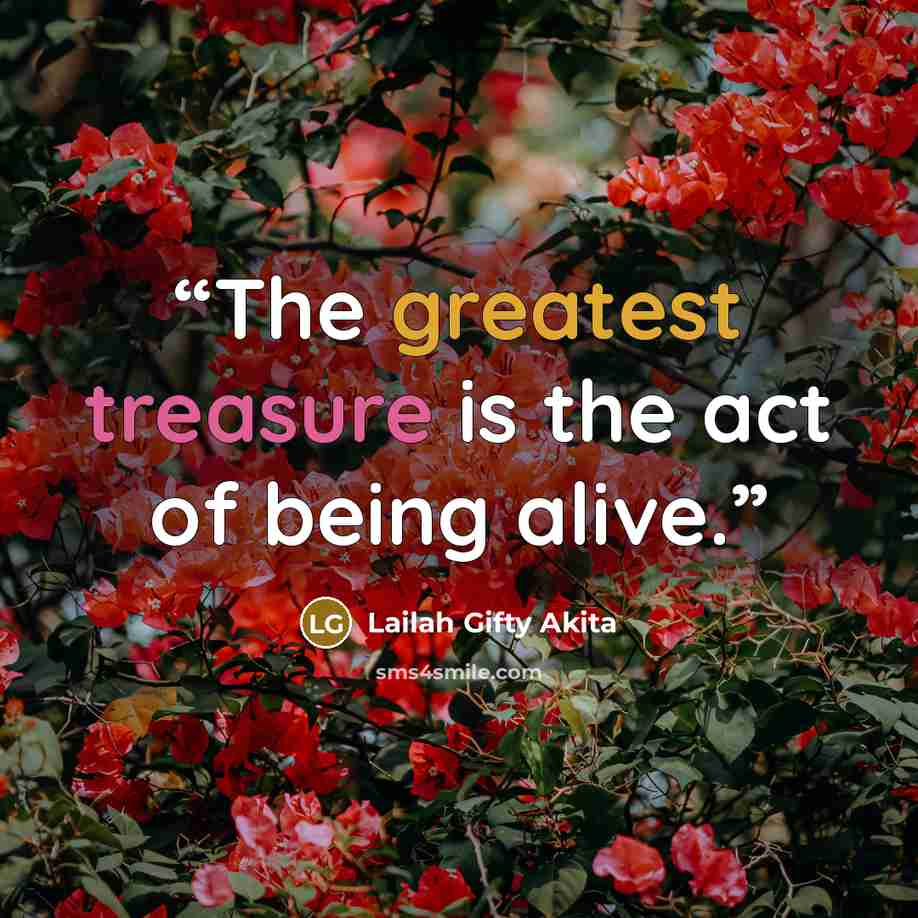 “The greatest treasure is the act of being alive.” quote by Lailah Gifty Akita