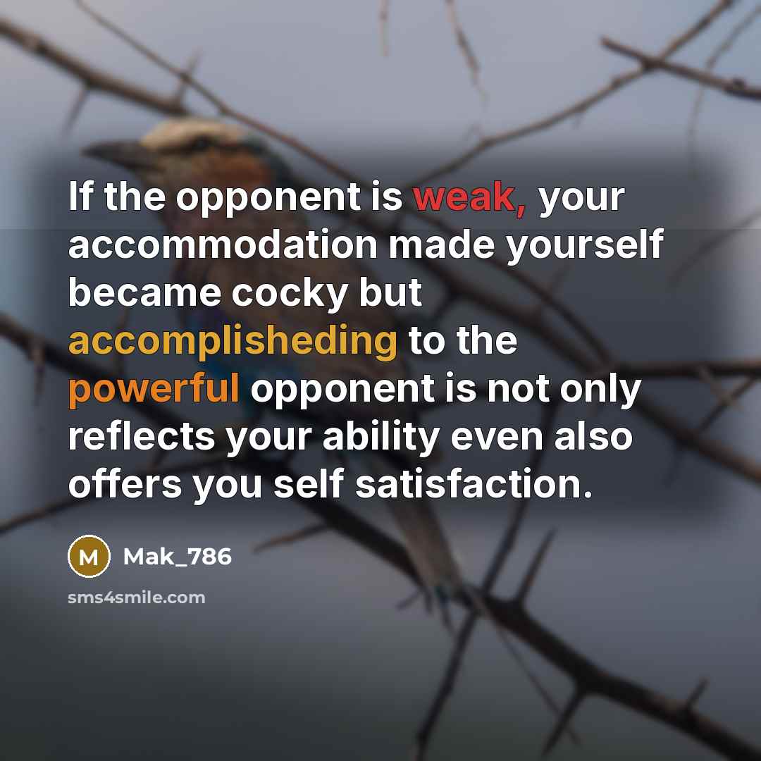 “If the opponent is weak, your accommodation made yourself became cocky but accomplisheding to the powerful opponent is not only reflects your ability even also offers you self satisfaction.” quote by Mak_786