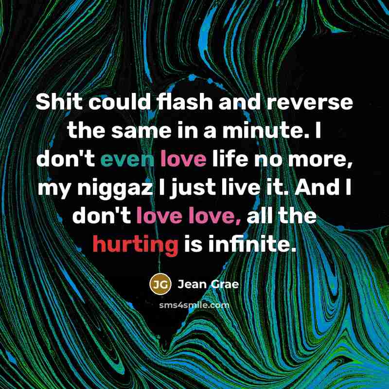 “Shit could flash and reverse the same in a minute. I don't even love life no more, my niggaz I just live it. And I don't love love, all the hurting is infinite.” quote by Jean Grae