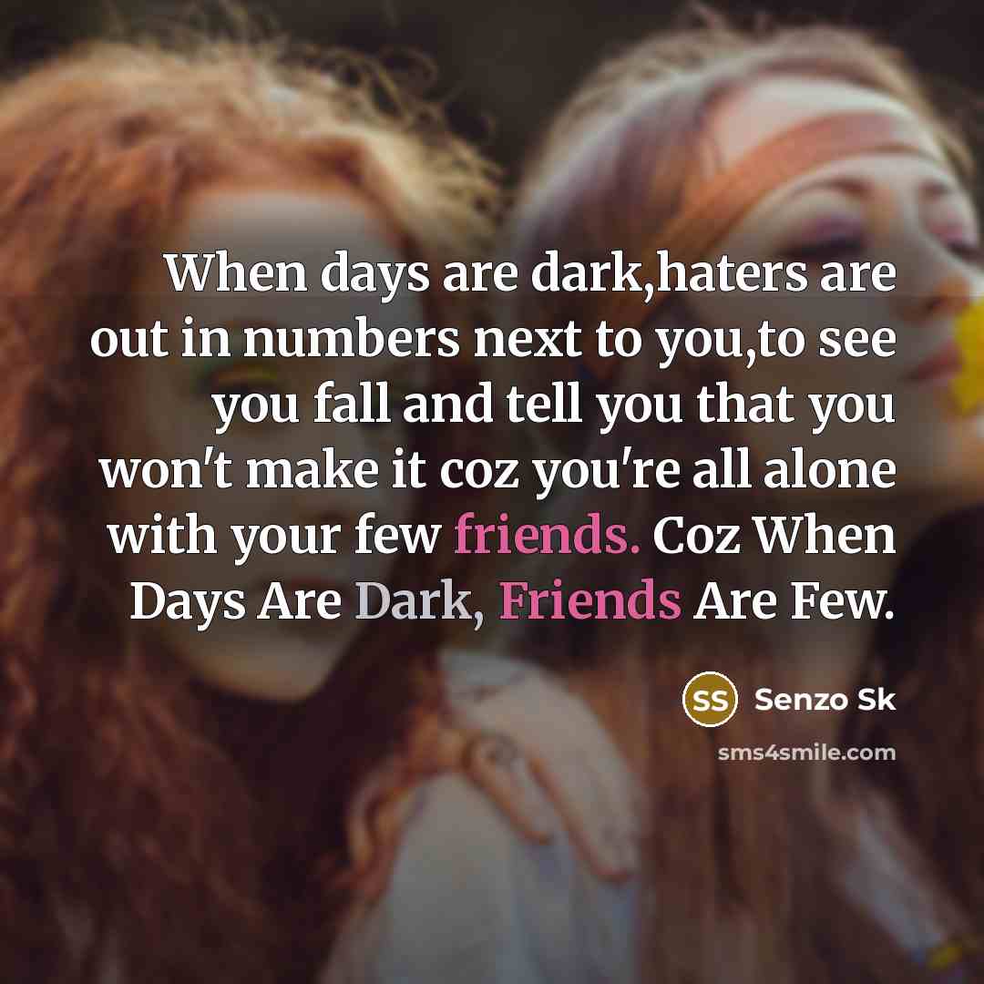 “When days are dark,haters are out in numbers next to you,to see you fall and tell you that you won't make it coz you're all alone with your few friends. Coz When Days Are Dark, Friends Are Few.” quote by Senzo Sk