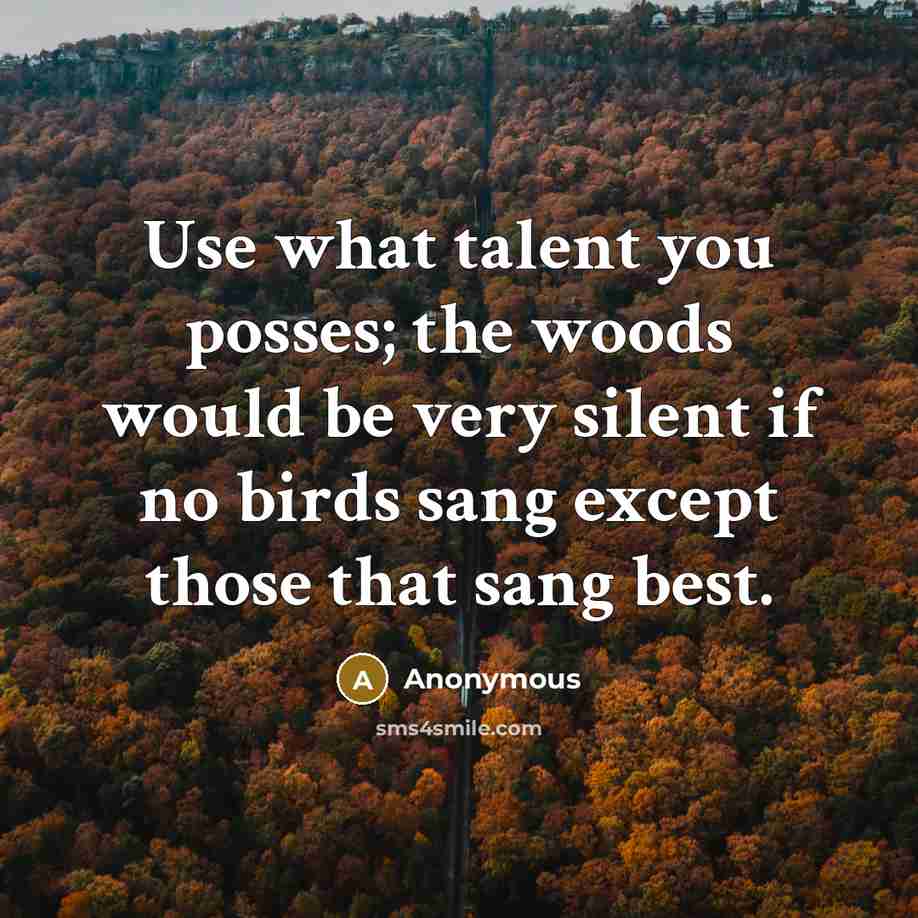 “Use what talent you posses; the woods would be very silent if no birds sang except those that sang best.” quote by Anonymous