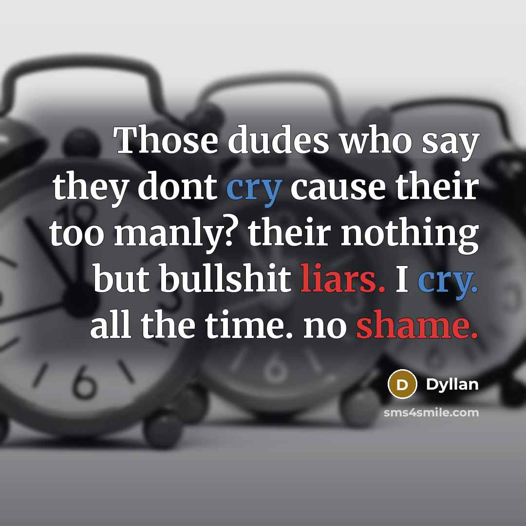 “Those dudes who say they dont cry cause their too manly? their nothing but bullshit liars. I cry. all the time. no shame.” quote by Dyllan
