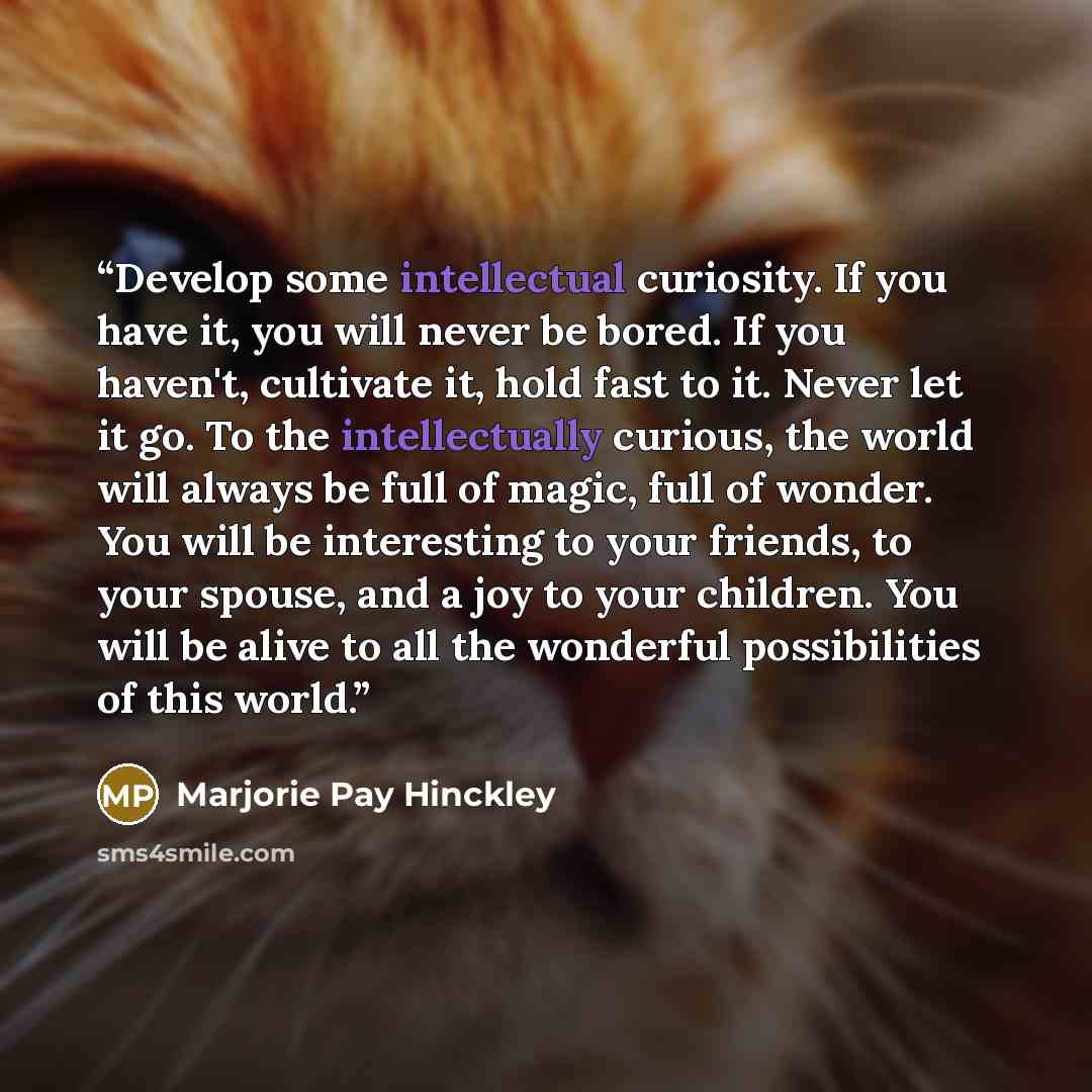 “Develop some intellectual curiosity. If you have it, you will never be bored. If you haven't, cultivate it, hold fast to it. Never let it go. To the intellectually curious, the world will always be full of magic, full of wonder. You will be interesting to your friends, to your spouse, and a joy to…” quote by Marjorie Pay Hinckley