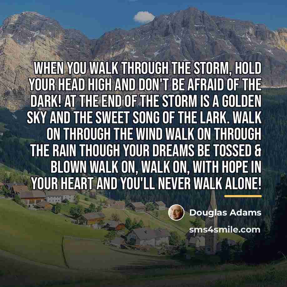 “When you walk through the storm, hold your head high…” quote by Douglas Adams