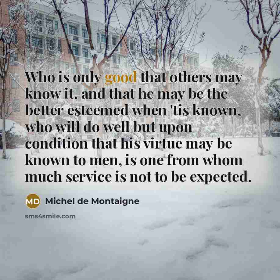 “Who is only good that others may know it, and…” quote by Michel de Montaigne