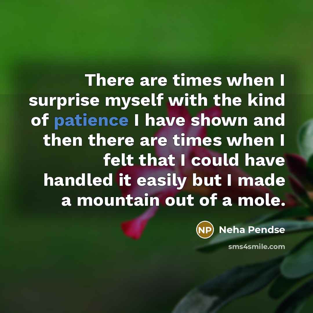 “There are times when I surprise myself with the kind of patience I have shown and then there are times when I felt that I could have handled it easily but I made a mountain out of a mole.” quote by Neha Pendse