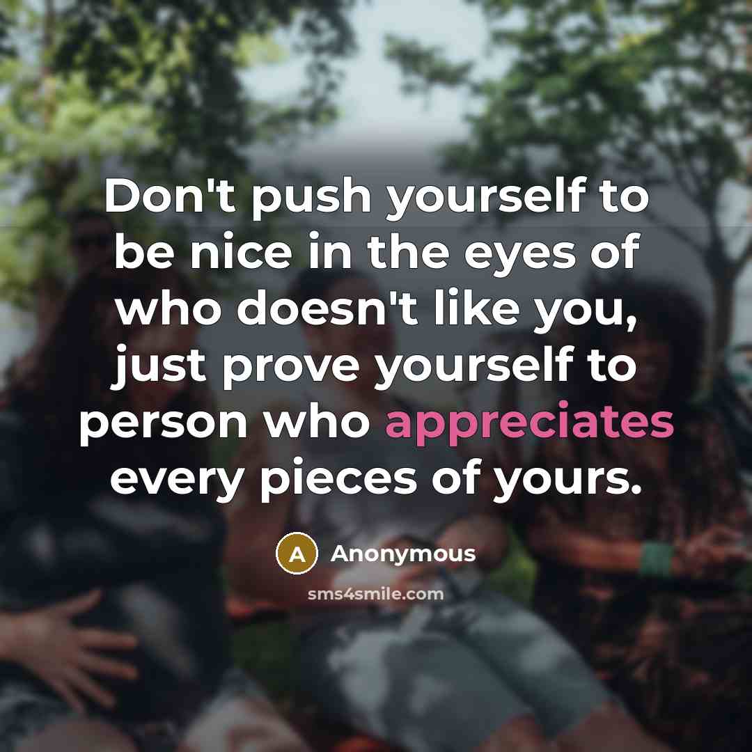 “Don't push yourself to be nice in the eyes of who doesn't like you, just prove yourself to person who appreciates every pieces of yours.” quote by Anonymous