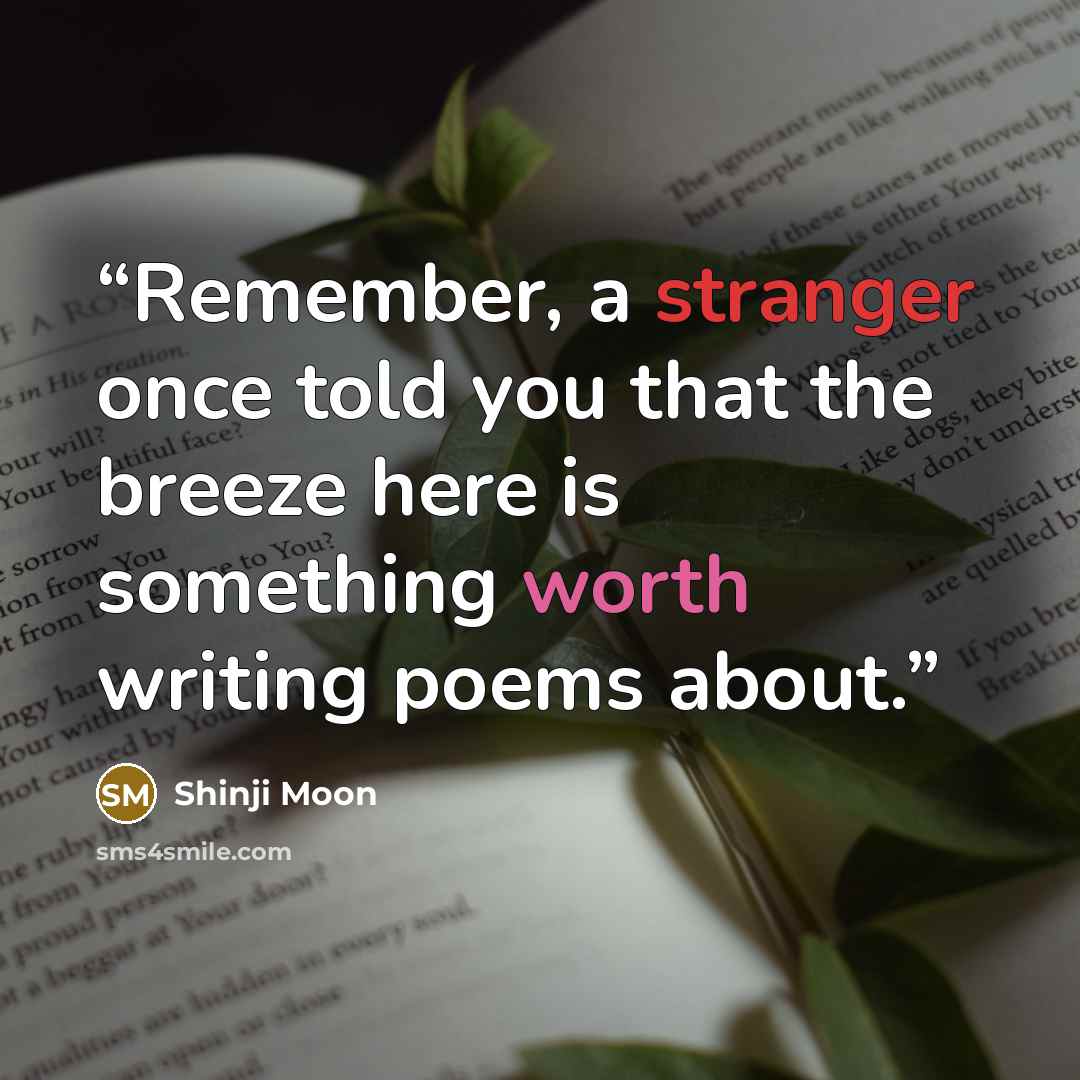 “Remember, a stranger once told you that the breeze here is something worth writing poems about.” quote by Shinji Moon