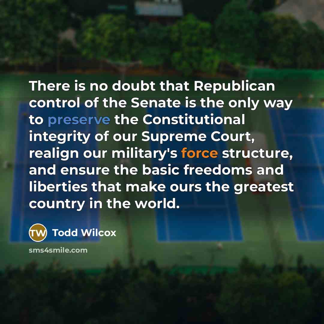 “There is no doubt that Republican control of the Senate is the only way to preserve the Constitutional integrity of our Supreme Court, realign our military's force structure, and ensure the basic freedoms and liberties that make ours the greatest country in the world.” quote by Todd Wilcox