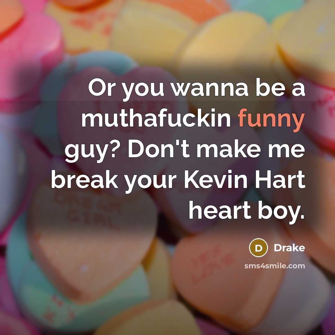 “Or you wanna be a muthafuckin funny guy? Don't make me break your Kevin Hart heart boy.” quote by Drake