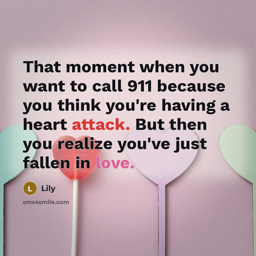 “That moment when you want to call 911 because you think you're having a heart attack. But then you realize you've just fallen in love.” quote by Lily