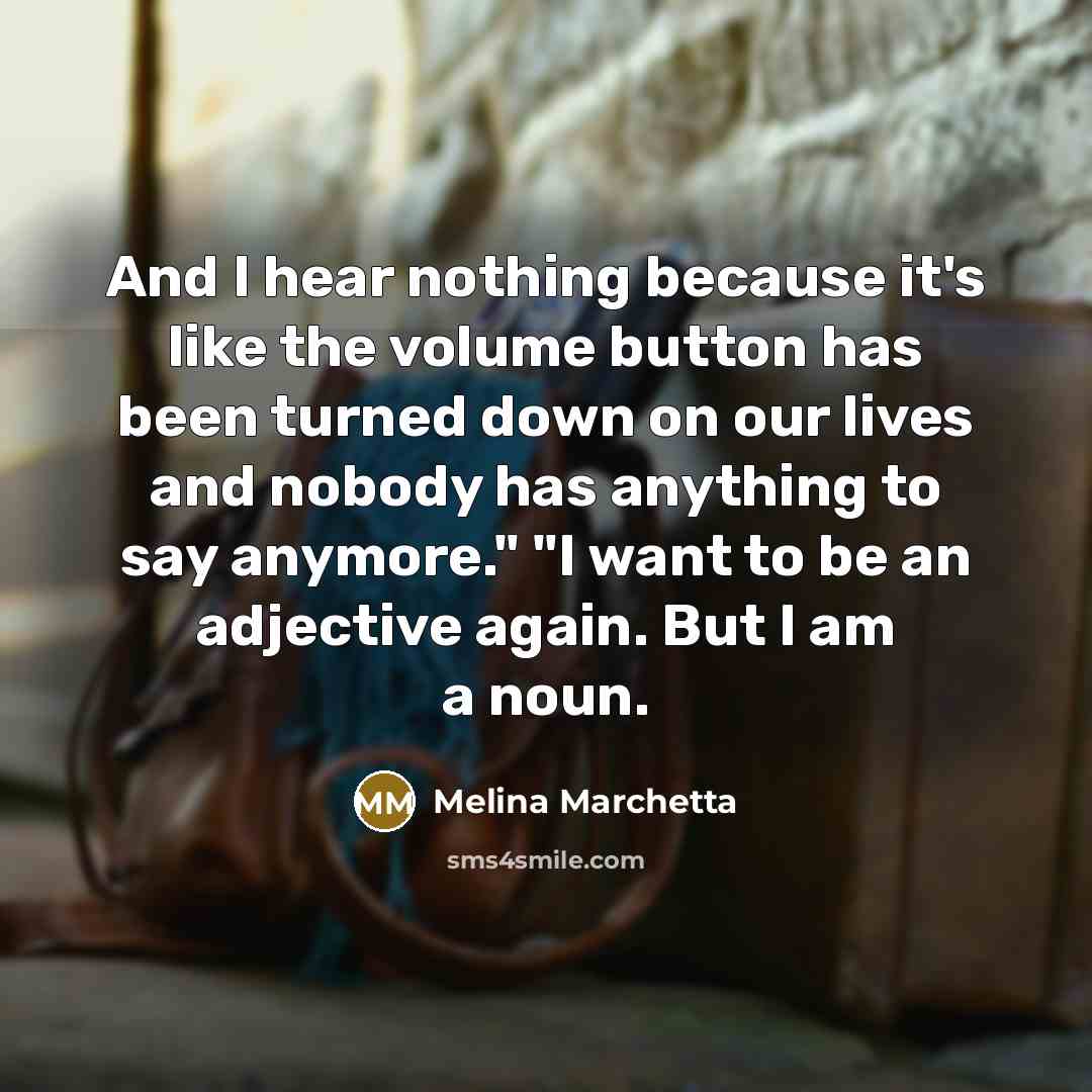 “And I hear nothing because it's like the volume button has been turned down on our lives and nobody has anything to say anymore." "I want to be an adjective again. But I am a noun.” quote by Melina Marchetta