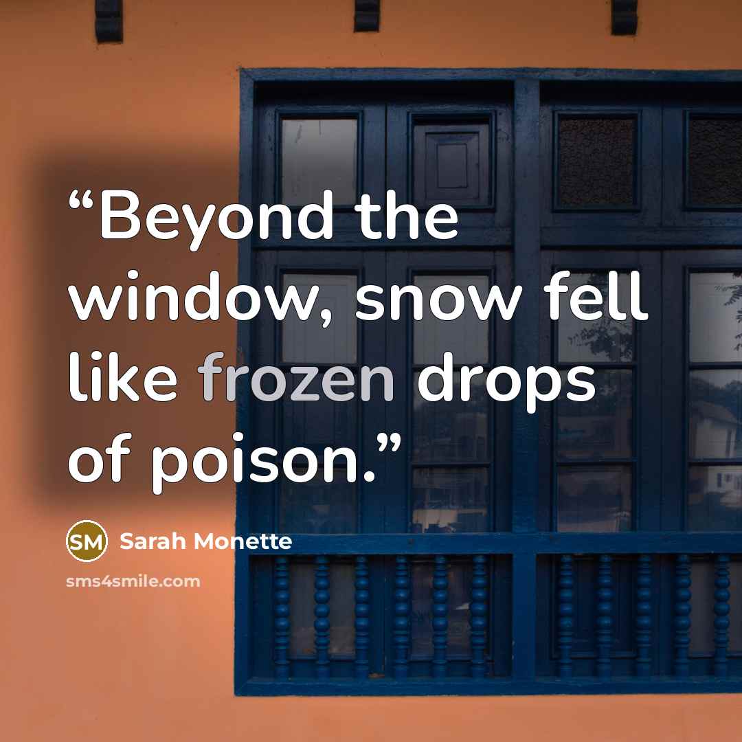 “Beyond the window, snow fell like frozen drops of poison.” quote by Sarah Monette