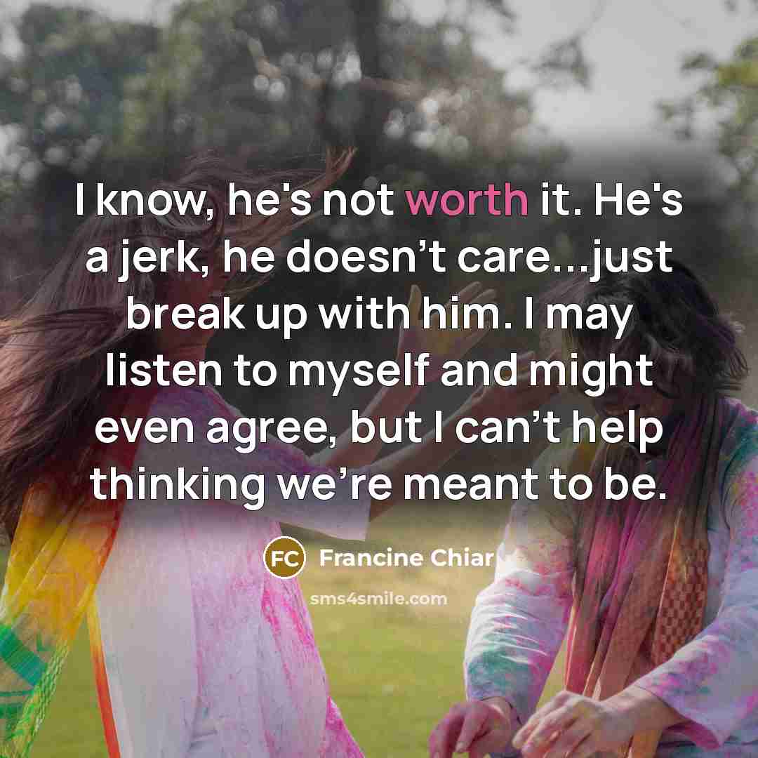 “I know, he's not worth it. He's a jerk, he…” quote by Francine Chiar