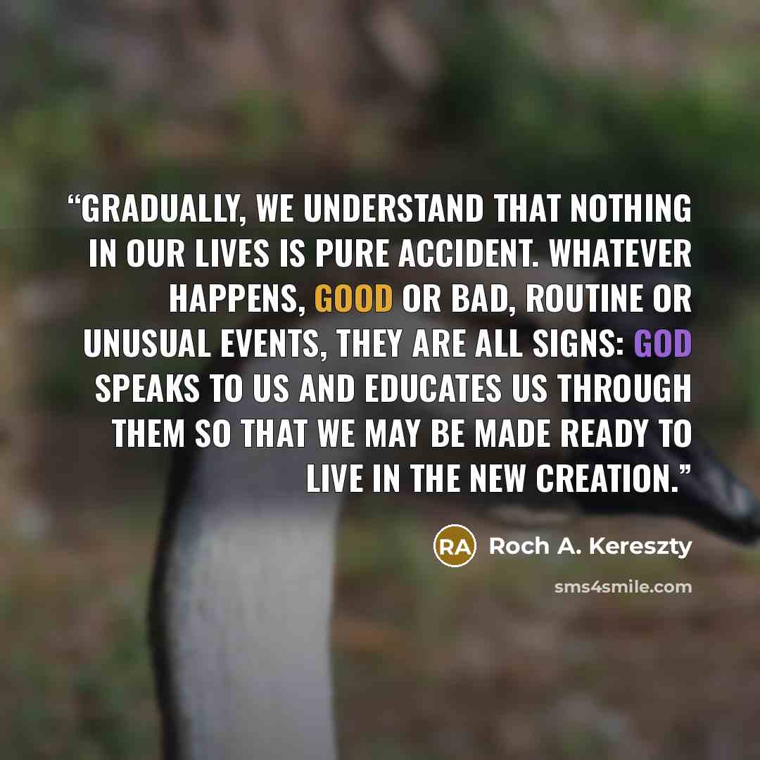 “Gradually, we understand that nothing in our lives is pure accident. Whatever happens, good or bad, routine or unusual events, they are all signs: God speaks to us and educates us through them so that we may be made ready to live in the new creation.” quote by Roch A. Kereszty