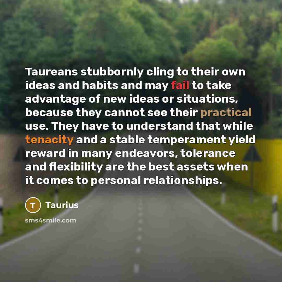 “Taureans stubbornly cling to their own ideas and habits and may fail to take advantage of new ideas or situations, because they cannot see their practical use. They have to understand that while tenacity and a stable temperament yield reward in many endeavors, tolerance and flexibility are the…” quote by Taurius