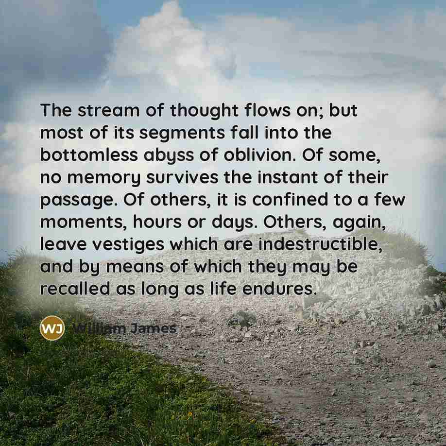 “The stream of thought flows on; but most of its…” quote by William James